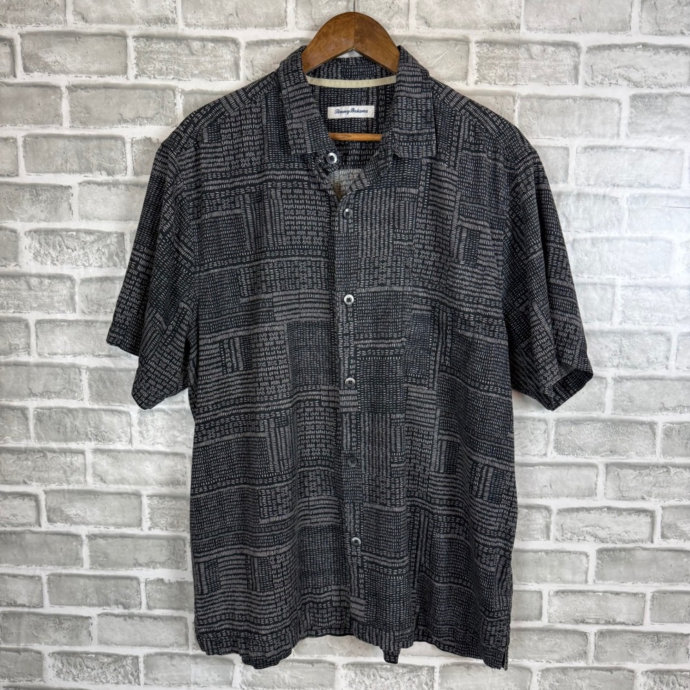 Tommy Bahama Mens XL Silk Cotton Blend Short Sleeve Button Down Shirt Black Gray